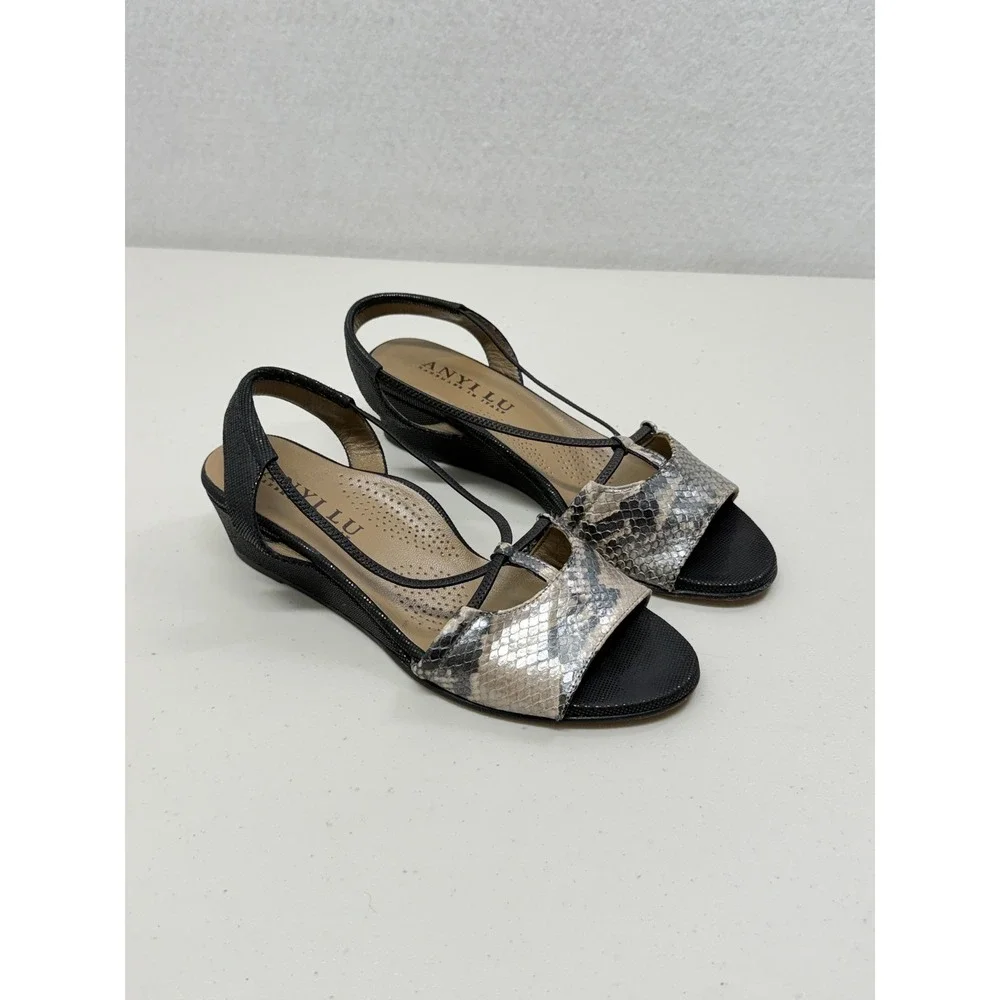 ANYI LU Italy Snakeskin Print Leather Wedge Slingback Sandals Black Silver 36 6